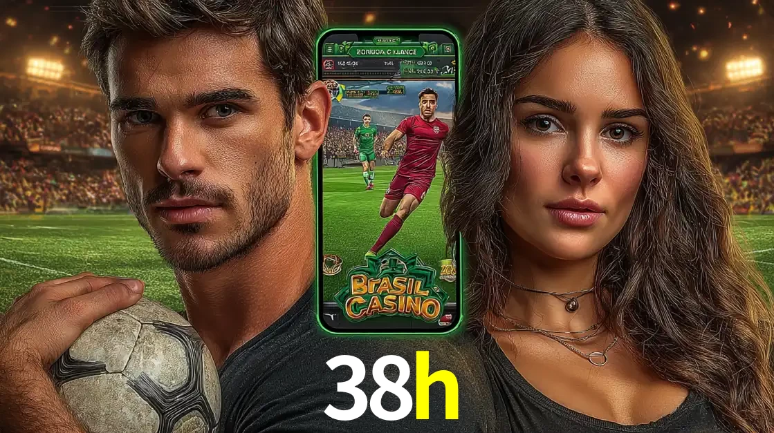 Homem segurando uma bola de futebol e uma mulher ao lado de um smartphone exibindo o jogo de apostas esportivas da 38h. Faça seu palpite no cassino online.